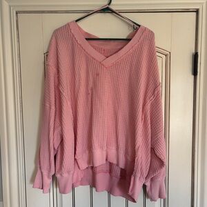 American eagle waffle knit oversized bright pink v-neck sweatshirt
